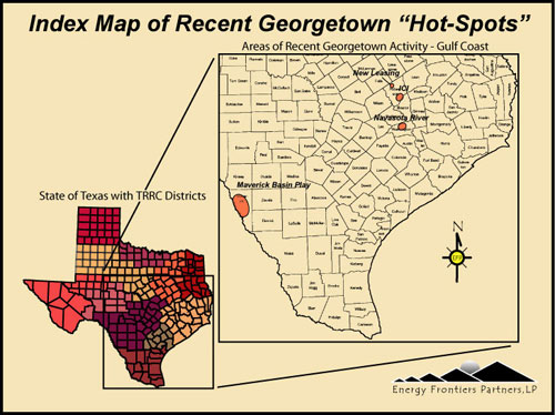 Index map of Texas and location of the major hot-spots of 
activity in the Georgetown play.