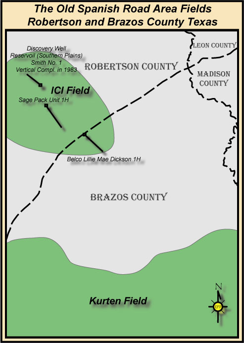 Local map of ICI field and portion of Kurten field in Brazos 
County.  Key wells, such as the Smith 1, Sage Pack Unit 1H, and Belco Lillie Mae Dickson 1H are labeled.