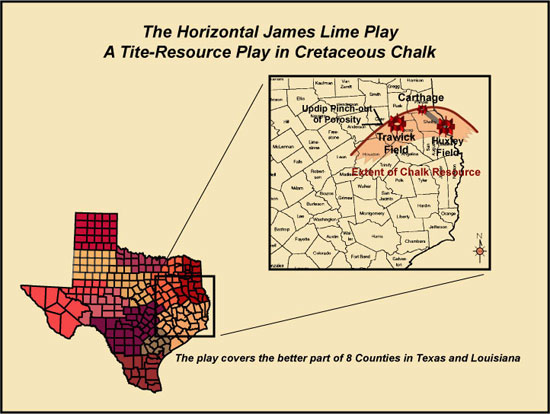 Map showing locations for 
	  Huxley, Trawick, and Carthage fields in east Texas.