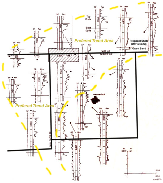 map shows the electric log (Gamma-ray or Spontaneous Potential on the left tract and Resistivity on the right tract) for a select group of wells in the multi-county area of the study